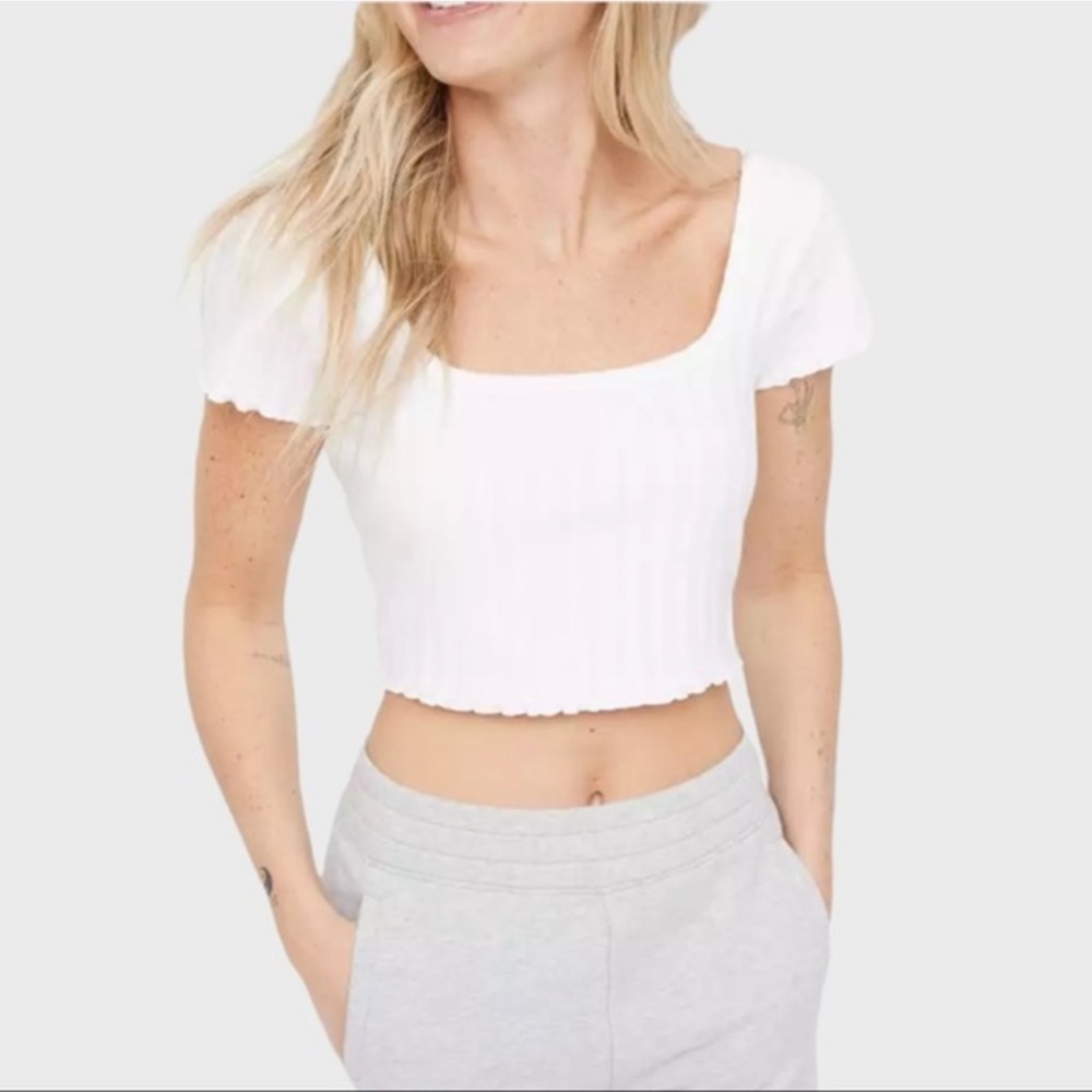 Offline by Aerie White Groove Ribbed Short Sleeve Crop Top New